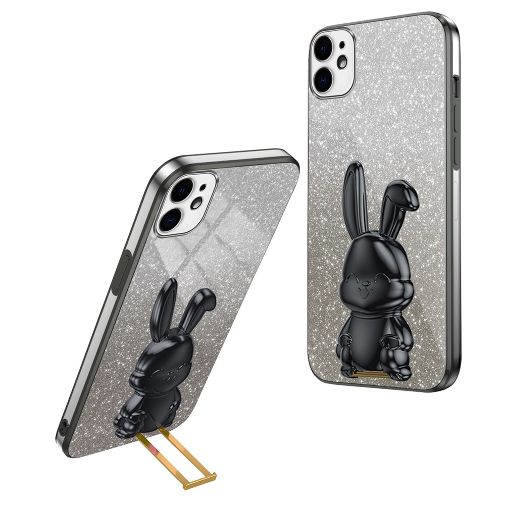 For iPhone 12 mini Glitter Powder Case Pull-out Kickstand Smart Phone Cover - Black