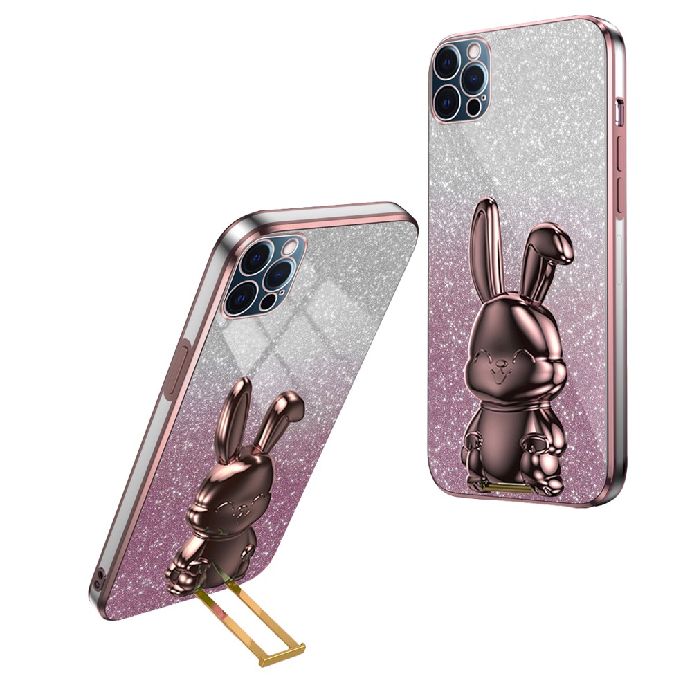 For iPhone 12 Pro Electroplating Rabbit Drop-proof Case Pull-out Kickstand Phone Cover - Pink