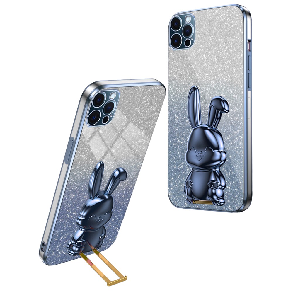 For iPhone 12 Pro Electroplating Rabbit Drop-proof Case Pull-out Kickstand Phone Cover - Blue
