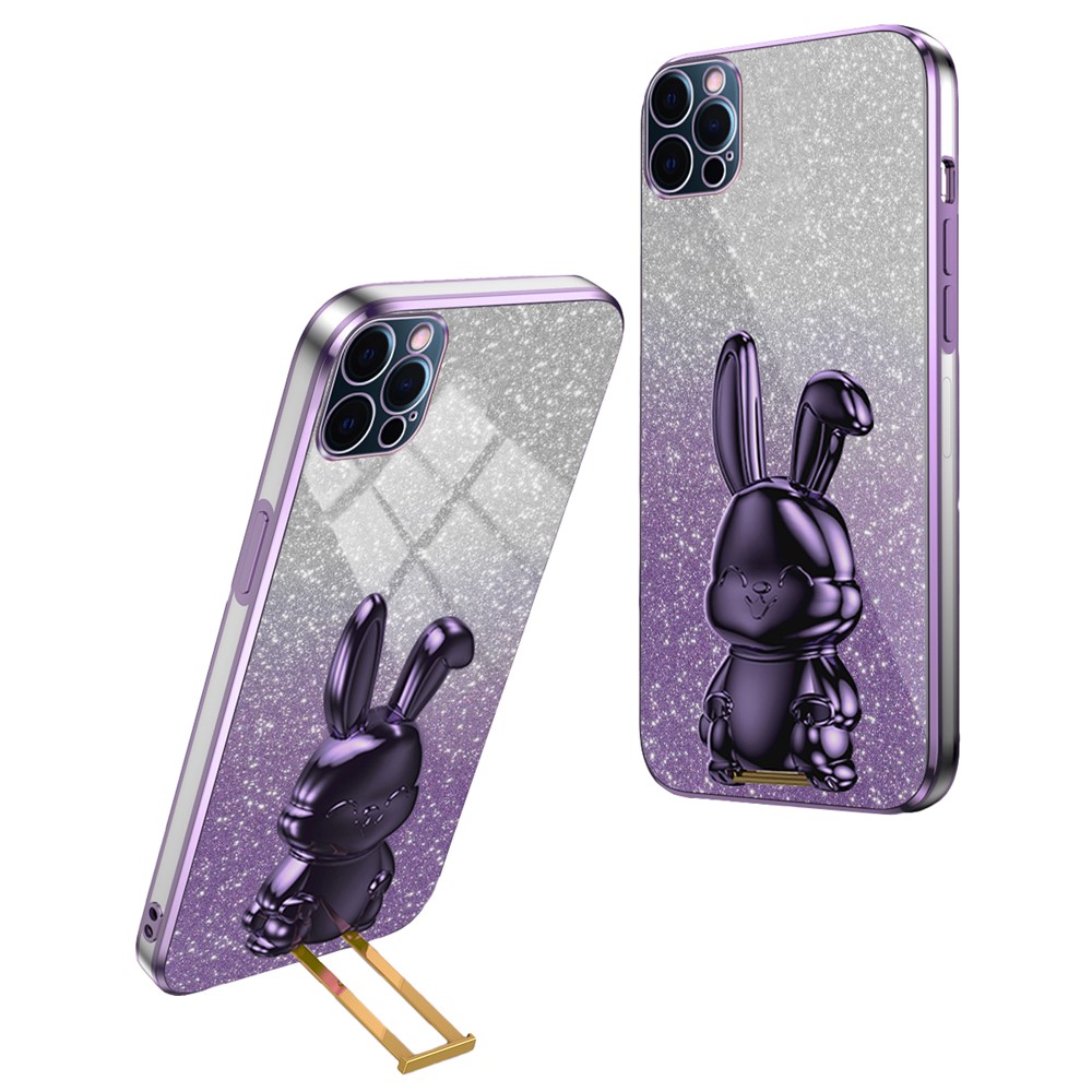 For iPhone 12 Pro Electroplating Rabbit Drop-proof Case Pull-out Kickstand Phone Cover - Purple