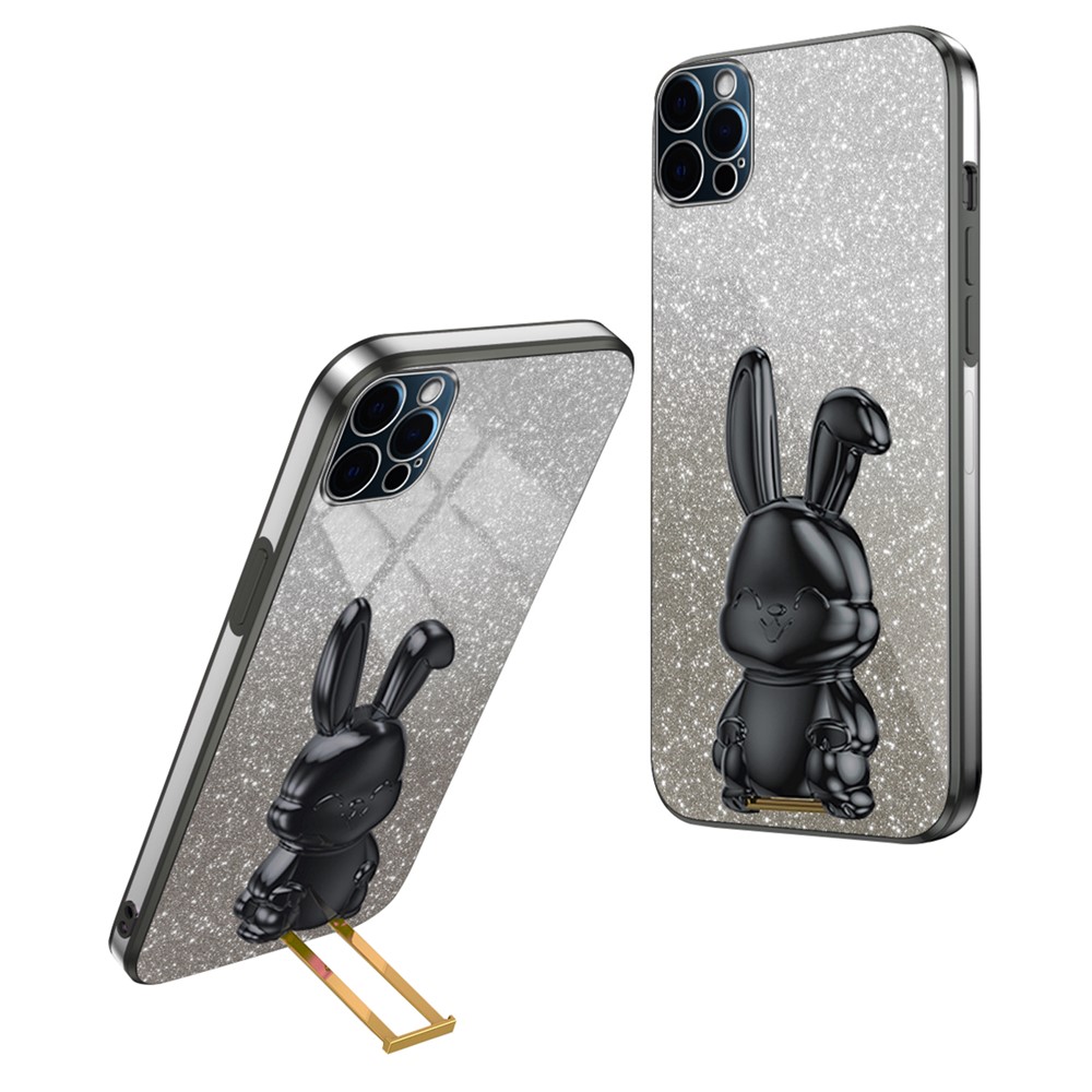 For iPhone 12 Pro Electroplating Rabbit Drop-proof Case Pull-out Kickstand Phone Cover - Black