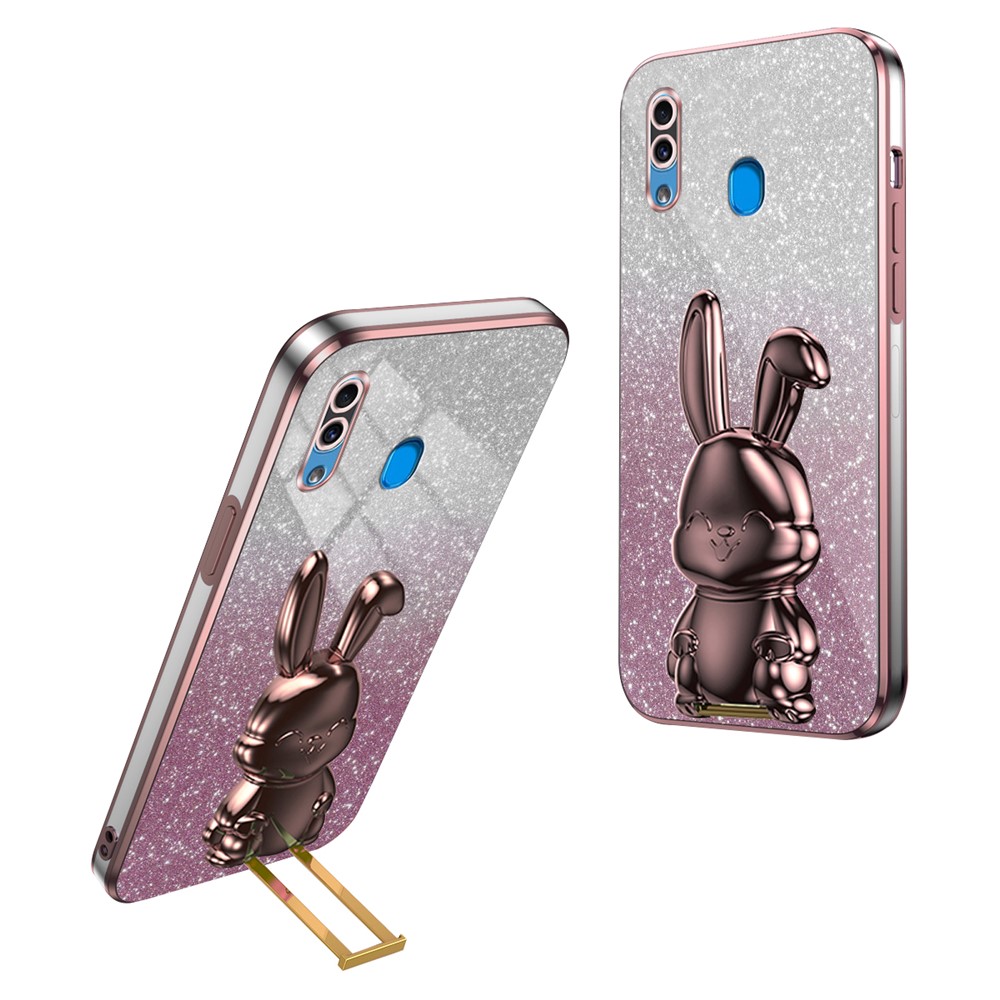 For Samsung Galaxy A20 / A30 Case Lovely Rabbit Pull-out Kickstand Bump Protection Phone Cover - Pink