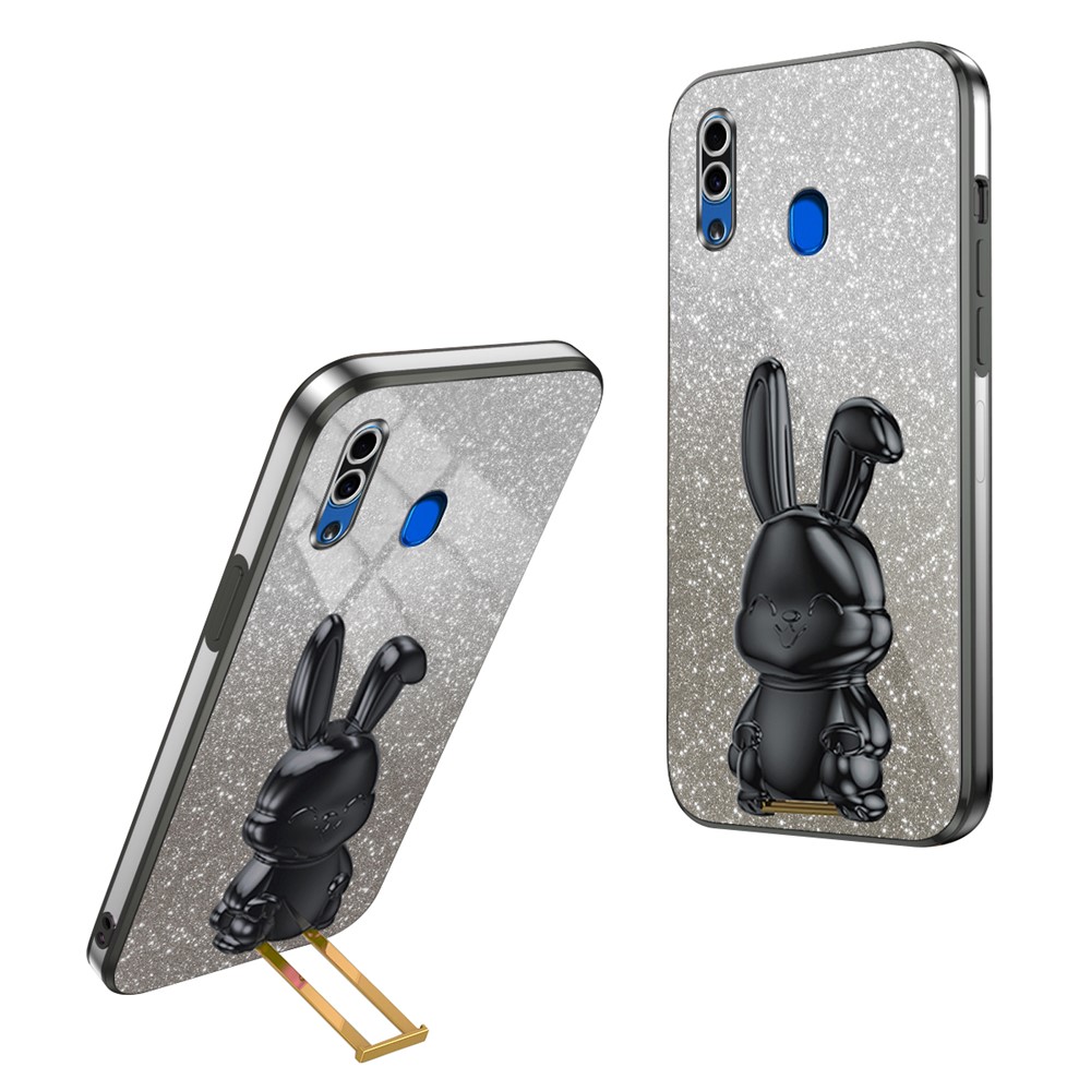 For Samsung Galaxy A20 / A30 Case Lovely Rabbit Pull-out Kickstand Bump Protection Phone Cover - Black