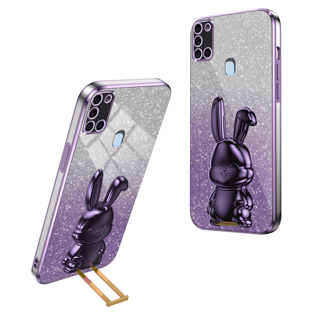 Phone Cover for Samsung Galaxy A21s , Lovely Rabbit Pull-out Kickstand Back Shell - Purple