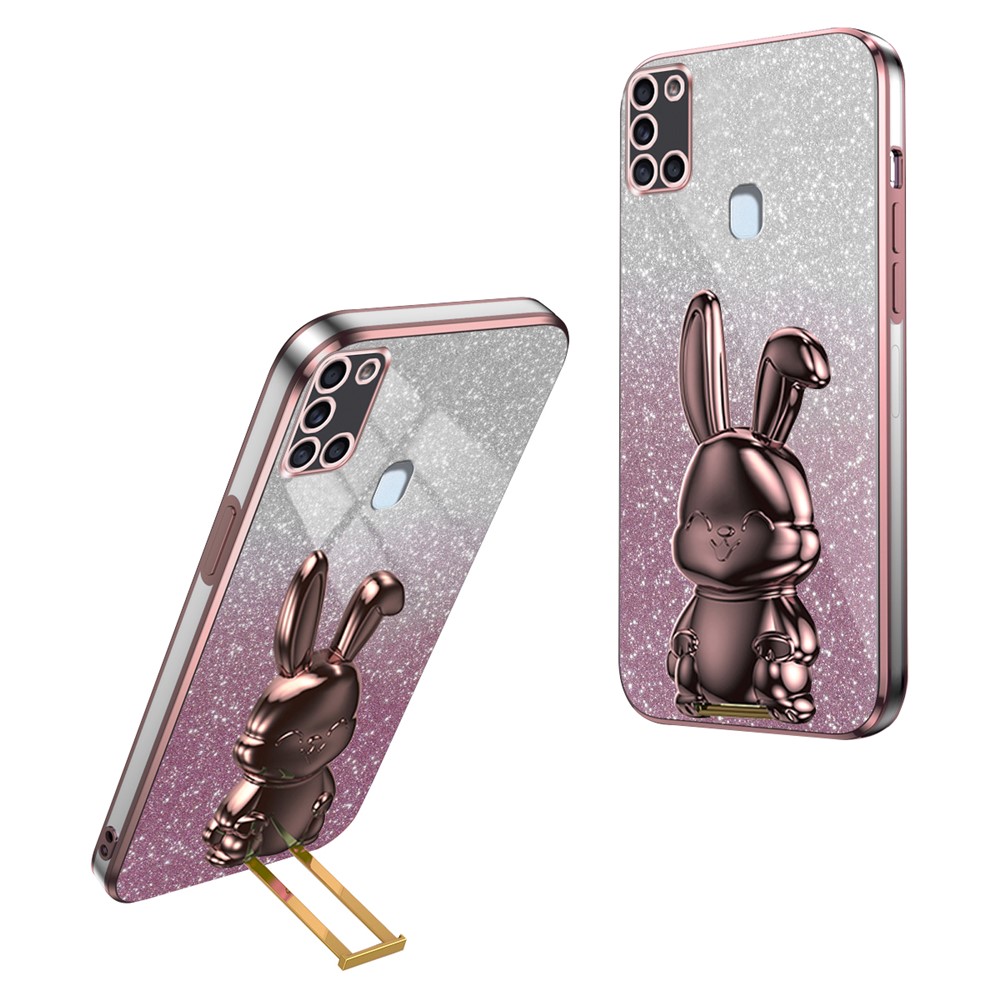 Phone Cover for Samsung Galaxy A21s , Lovely Rabbit Pull-out Kickstand Back Shell - Pink
