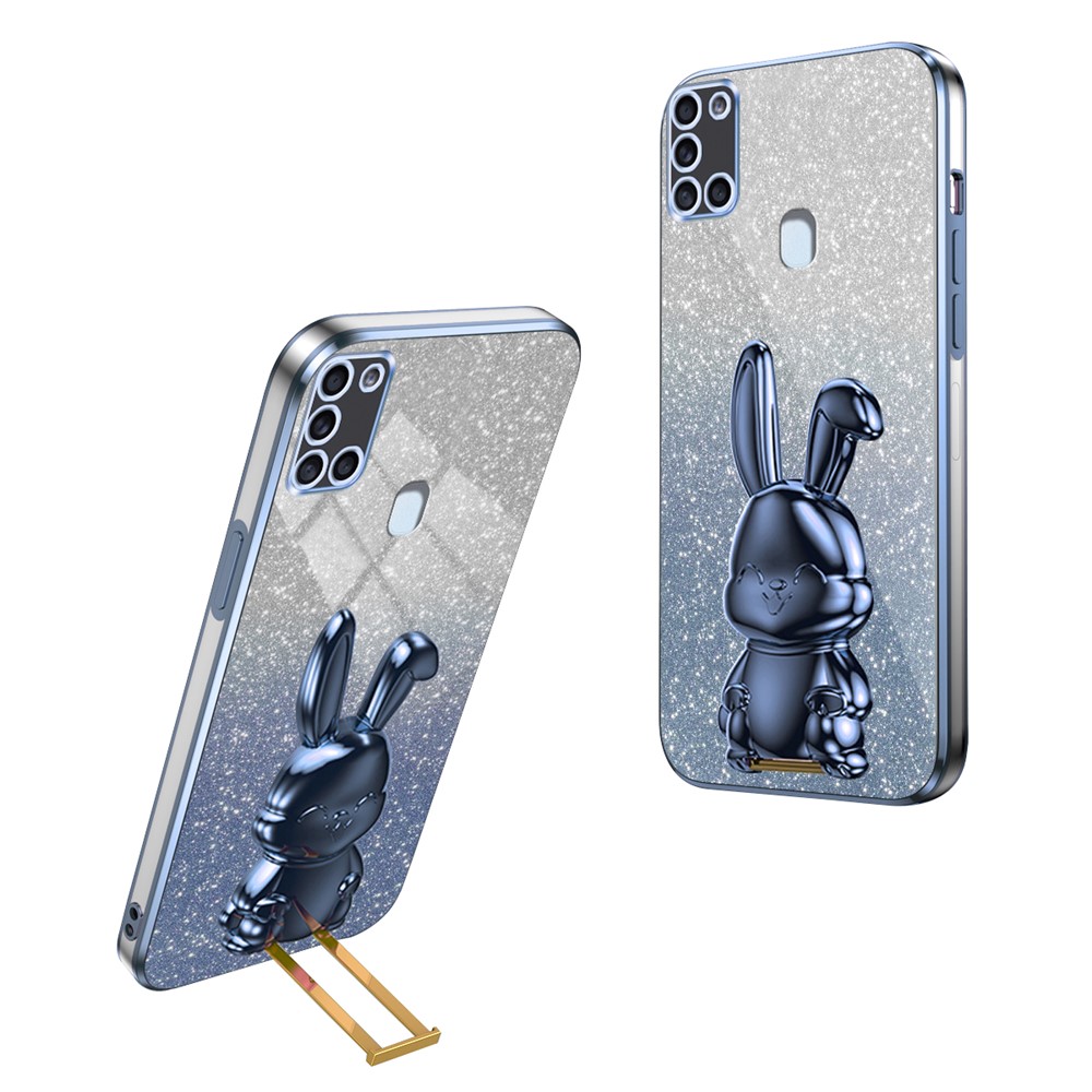 Phone Cover for Samsung Galaxy A21s , Lovely Rabbit Pull-out Kickstand Back Shell - Blue