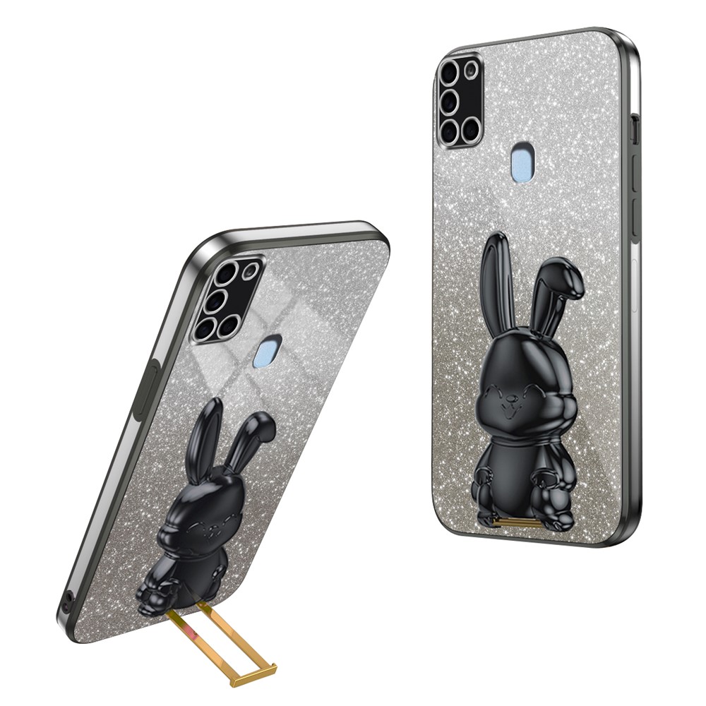 Phone Cover for Samsung Galaxy A21s , Lovely Rabbit Pull-out Kickstand Back Shell - Black
