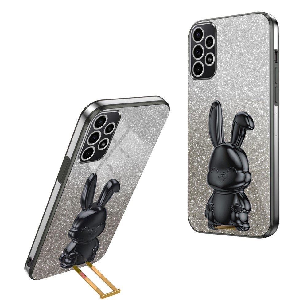 For Samsung Galaxy A73 5G Case Cartoon Rabbit Hidden Pull-out Kickstand Phone Cover - Black