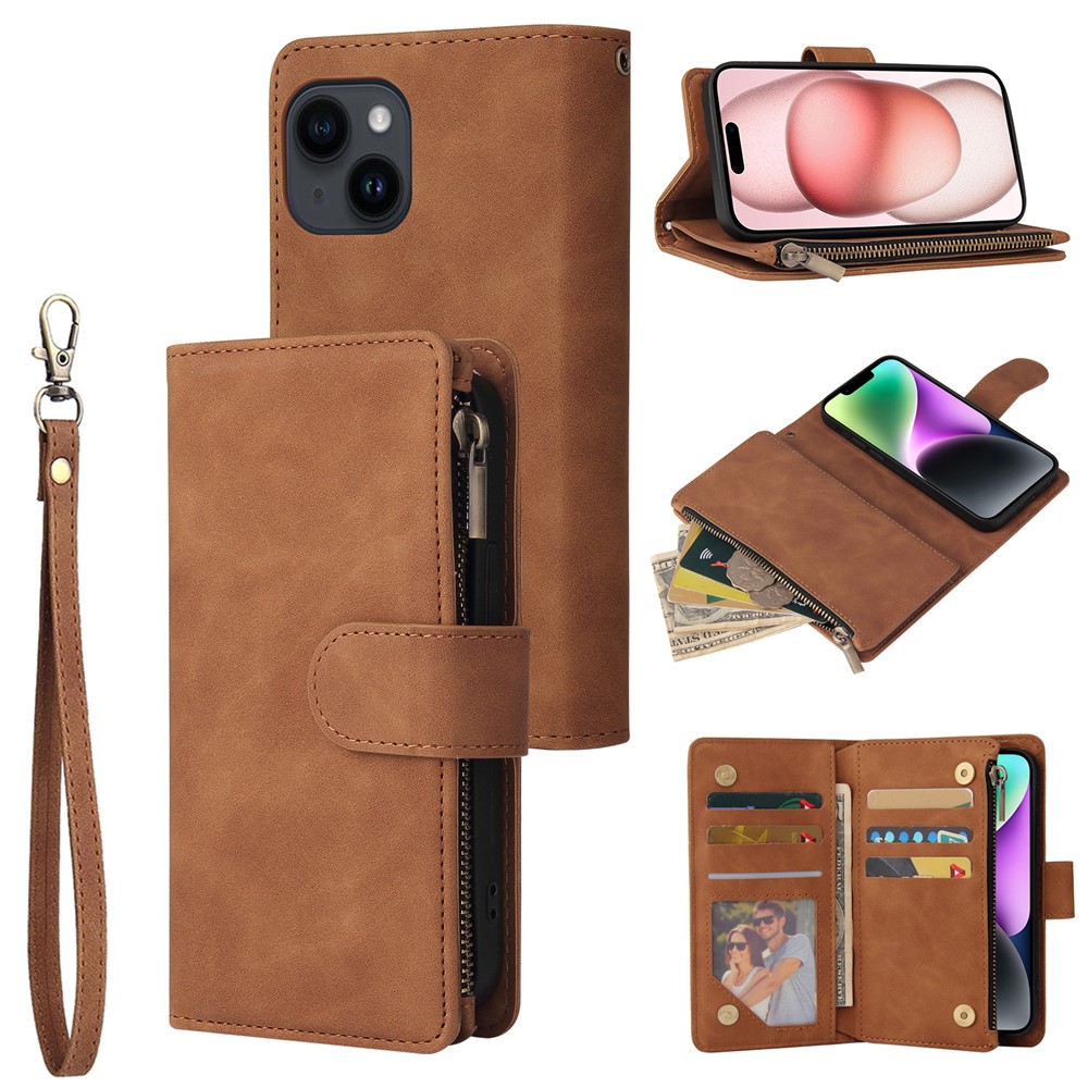 For iPhone 15 Plus Cell Phone Case Multiple Card Slots Zipper Wallet Leather Protection Cover - Coffee