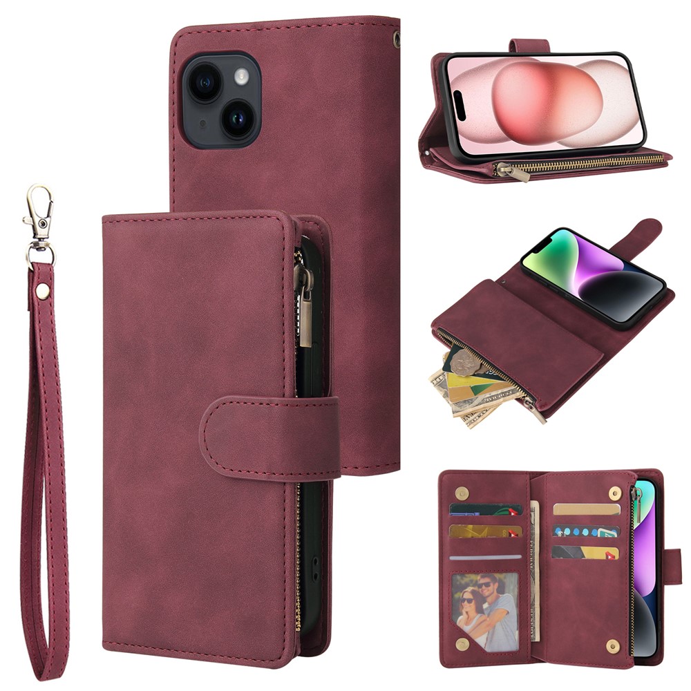 For iPhone 15 Plus Cell Phone Case Multiple Card Slots Zipper Wallet Leather Protection Cover - Wine Red