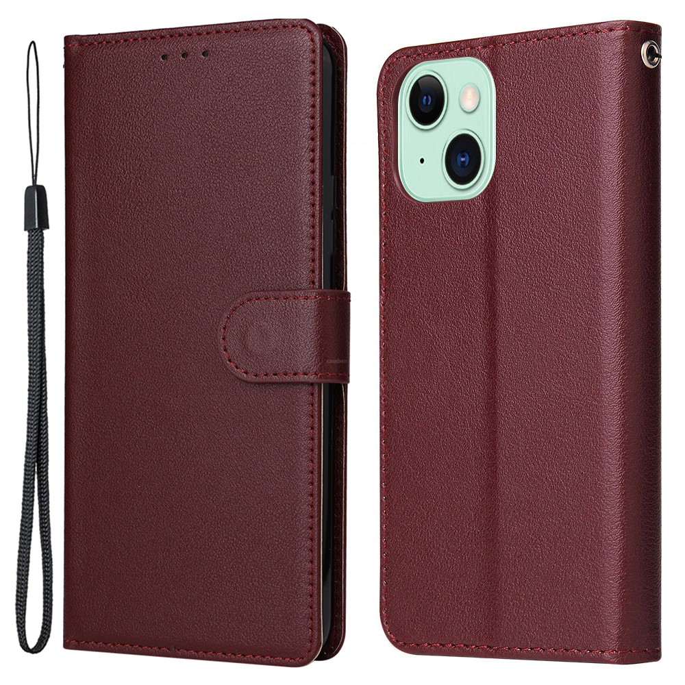 For iPhone 15 Plus Cell Phone Case Wallet PU Leather Stand Mobile Phone Cover - Wine Red