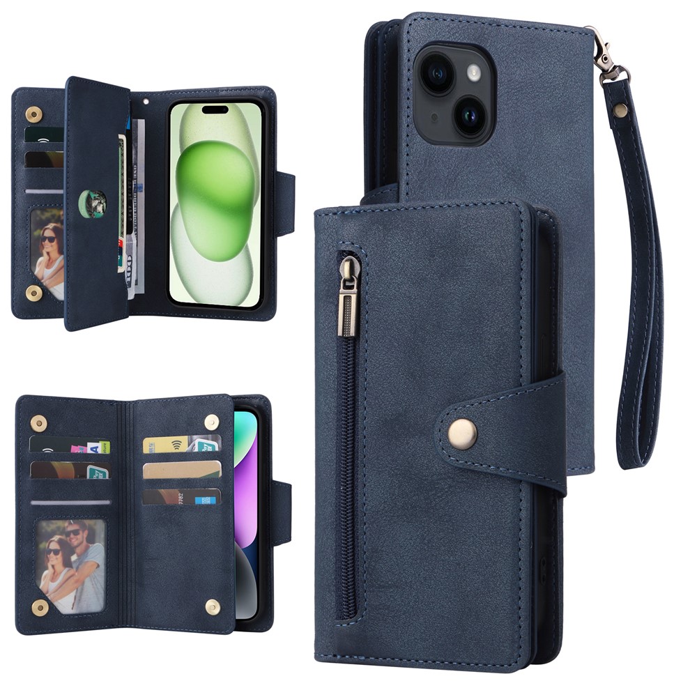 For iPhone 15 Plus Wallet Rivet Decor PU Leather Case Stand Phone Cover - Blue