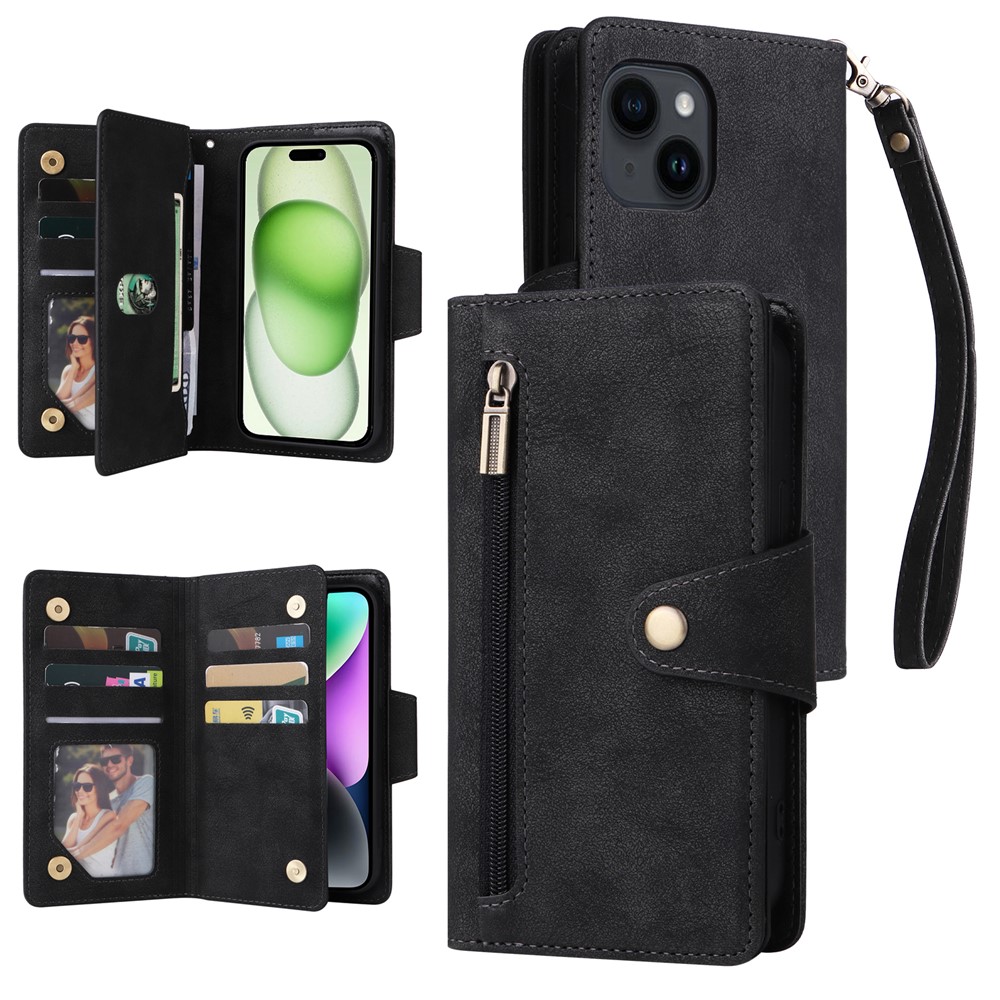 For iPhone 15 Plus Wallet Rivet Decor PU Leather Case Stand Phone Cover - Black