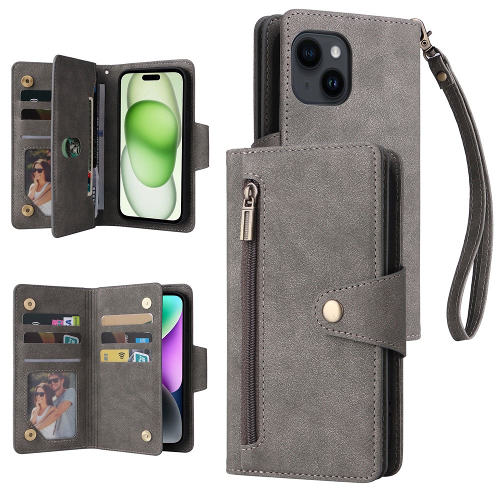 For iPhone 15 Plus Wallet Rivet Decor PU Leather Case Stand Phone Cover - Grey