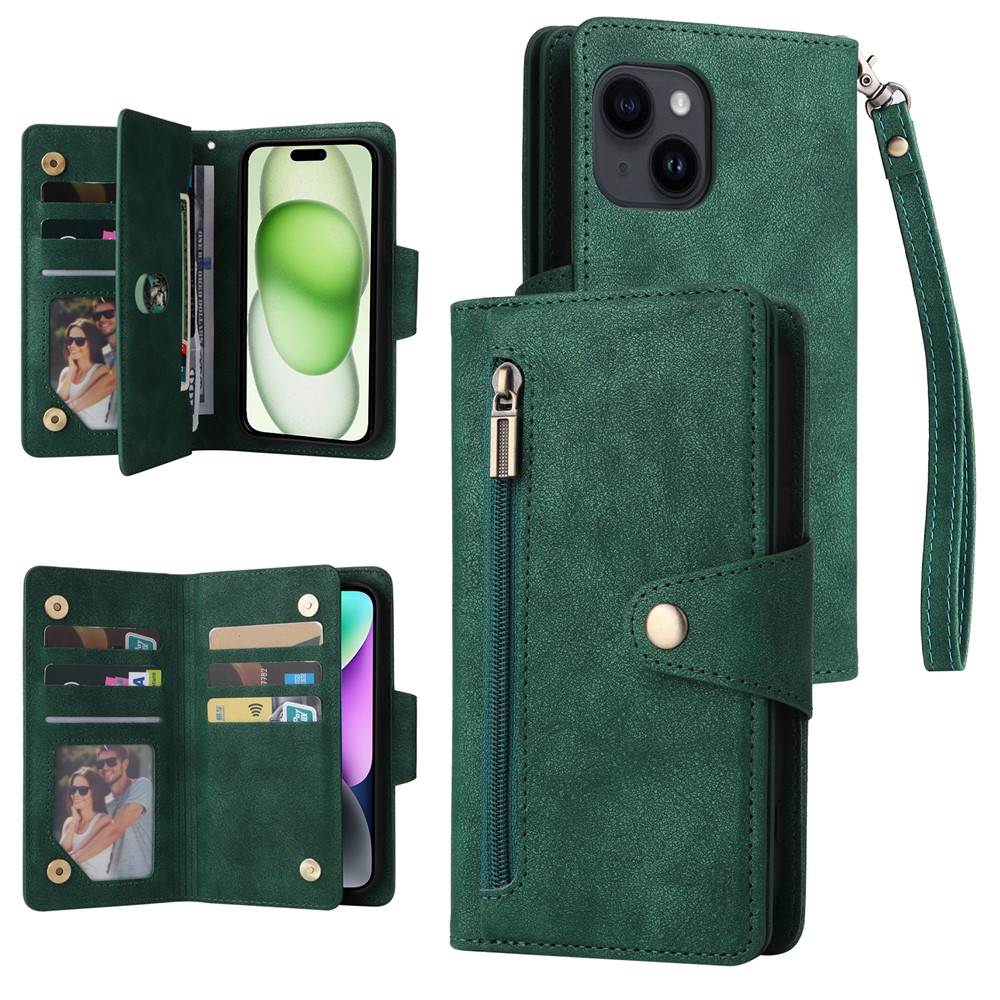For iPhone 15 Plus Wallet Rivet Decor PU Leather Case Stand Phone Cover - Green