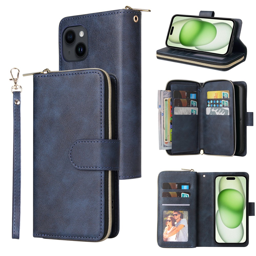 For iPhone 15 Plus Mobile Phone Stand Cover Zipper Pocket Case 9 Card Slots PU Leather Wallet - Blue