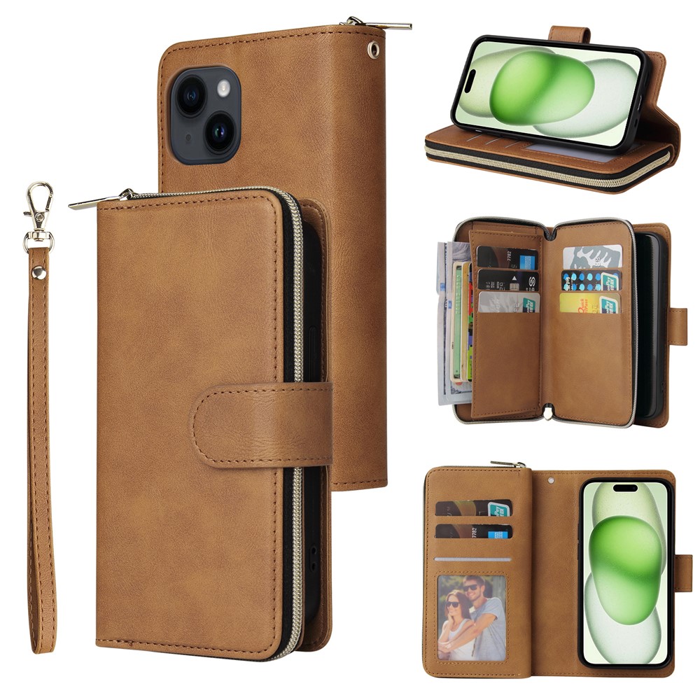 For iPhone 15 Plus Mobile Phone Stand Cover Zipper Pocket Case 9 Card Slots PU Leather Wallet - Brown
