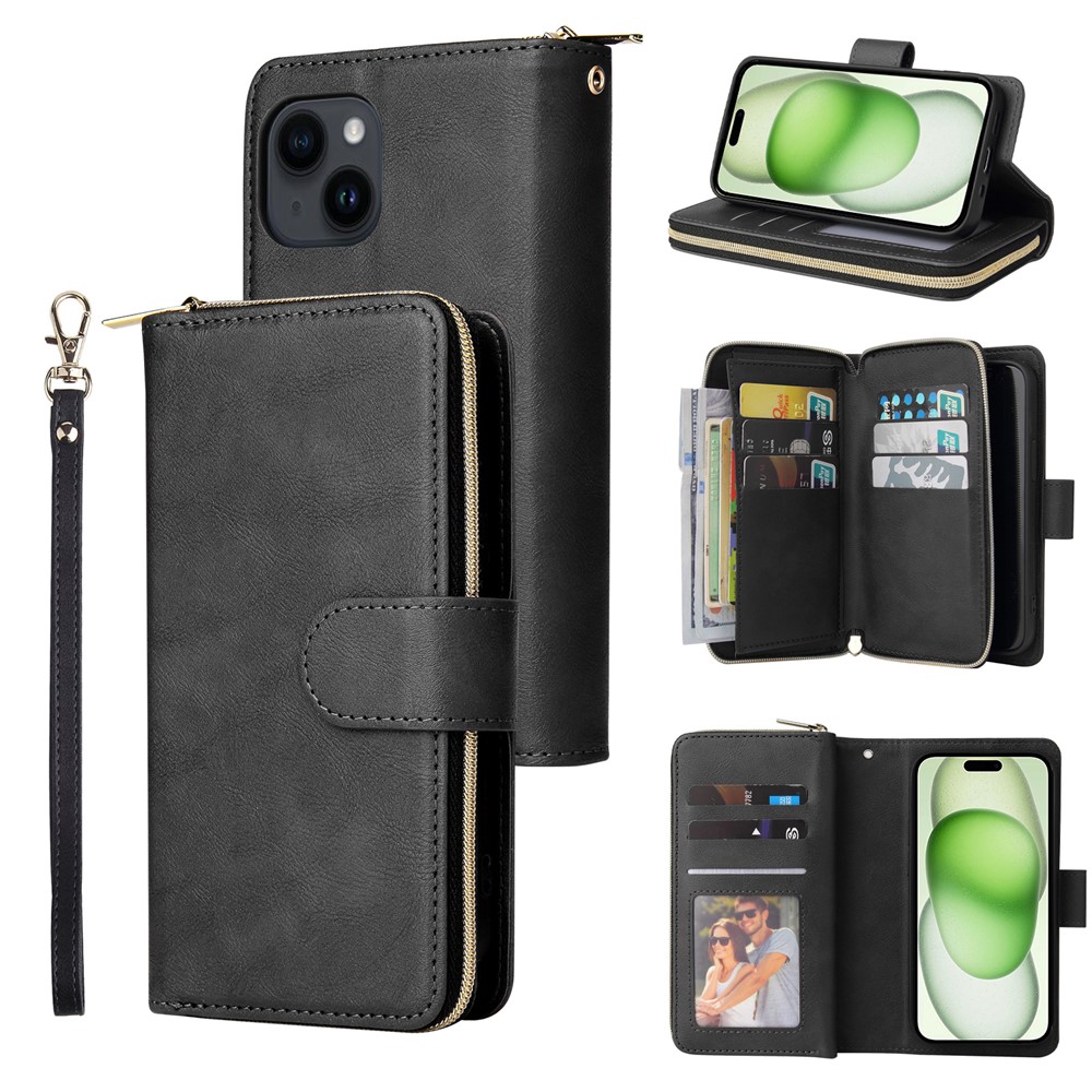 For iPhone 15 Plus Mobile Phone Stand Cover Zipper Pocket Case 9 Card Slots PU Leather Wallet - Black
