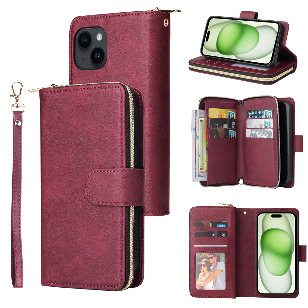 For iPhone 15 Plus Mobile Phone Stand Cover Zipper Pocket Case 9 Card Slots PU Leather Wallet - Wine Red