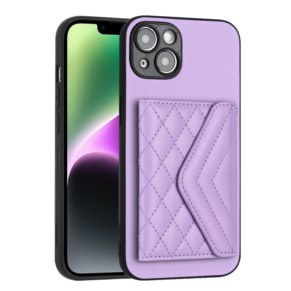 YB Leather Coating Series-8 For iPhone 14 Plus Case RFID Blocking Leather+TPU Card Slots Phone Cover - Purple