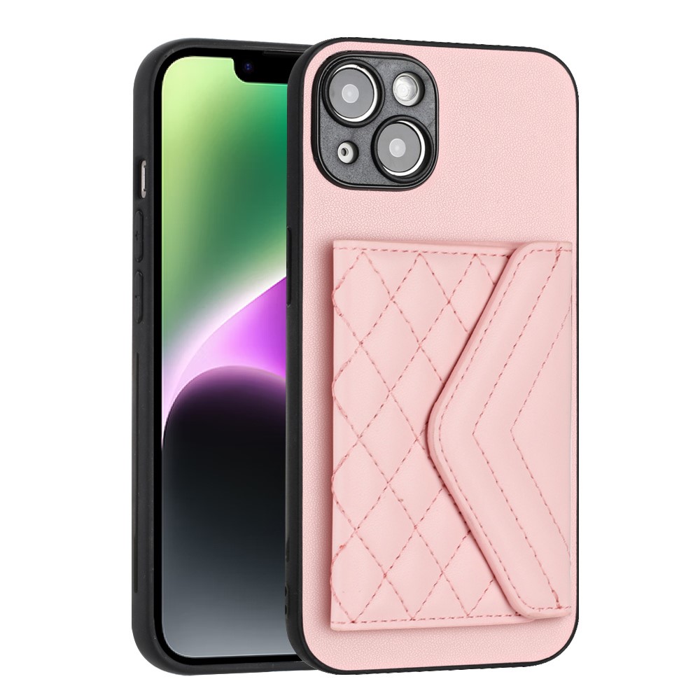 YB Leather Coating Series-8 For iPhone 14 Plus Case RFID Blocking Leather+TPU Card Slots Phone Cover - Pink