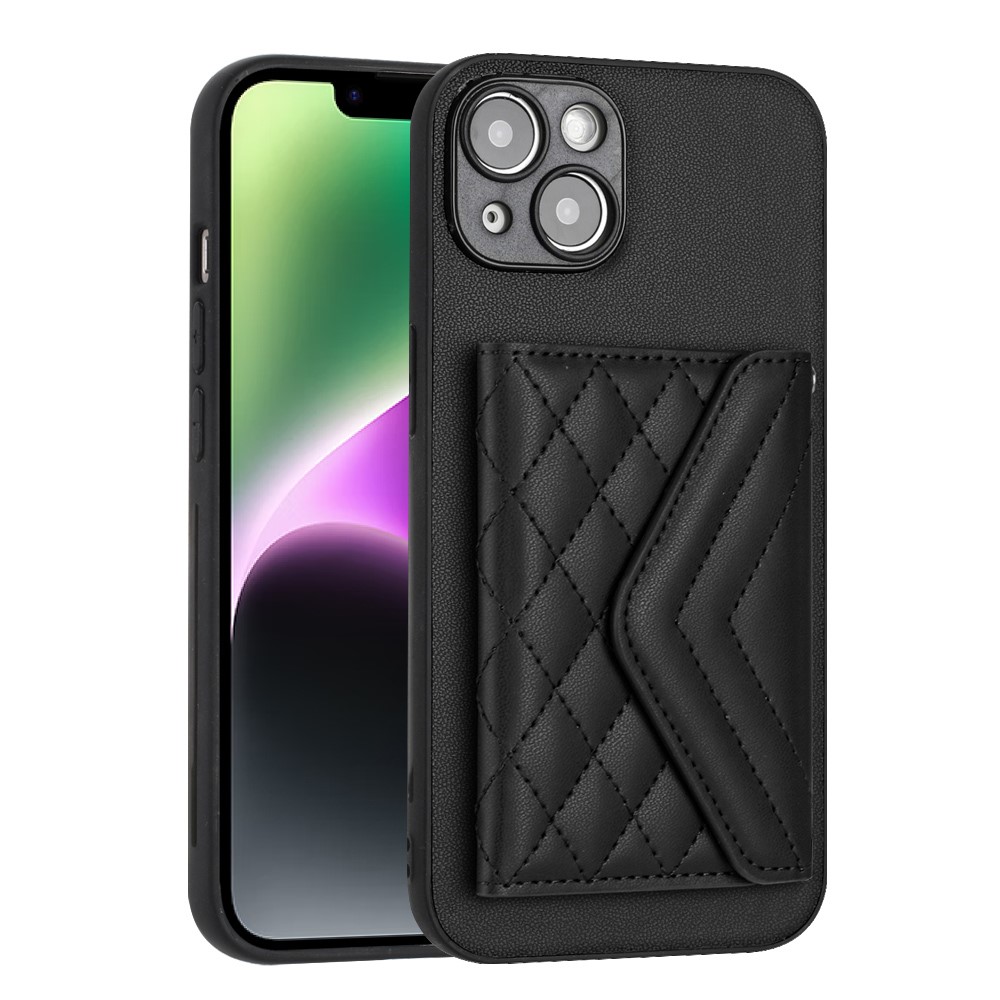 YB Leather Coating Series-8 For iPhone 14 Plus Case RFID Blocking Leather+TPU Card Slots Phone Cover - Black