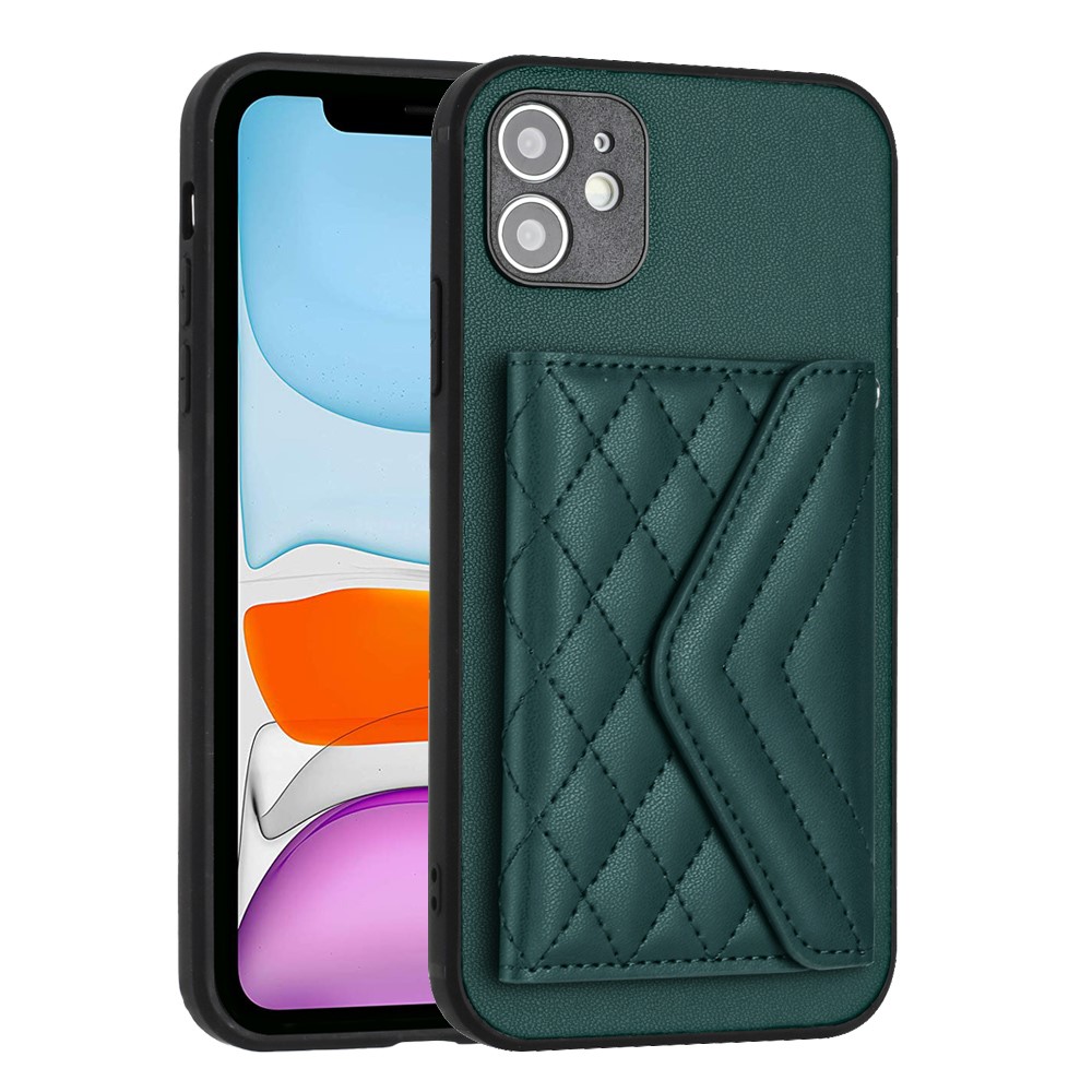 YB Leather Coating Series-8 For iPhone 11 RFID Blocking Phone Case Card Holder Kickstand Cover - Green