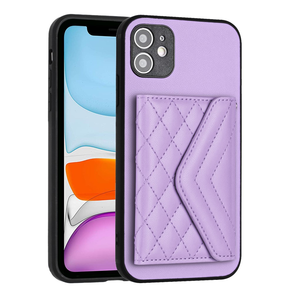 YB Leather Coating Series-8 For iPhone 11 RFID Blocking Phone Case Card Holder Kickstand Cover - Purple