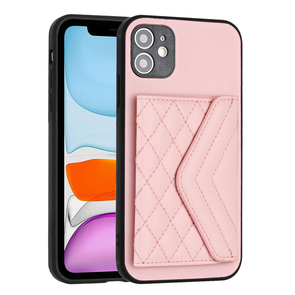 YB Leather Coating Series-8 For iPhone 11 RFID Blocking Phone Case Card Holder Kickstand Cover - Pink