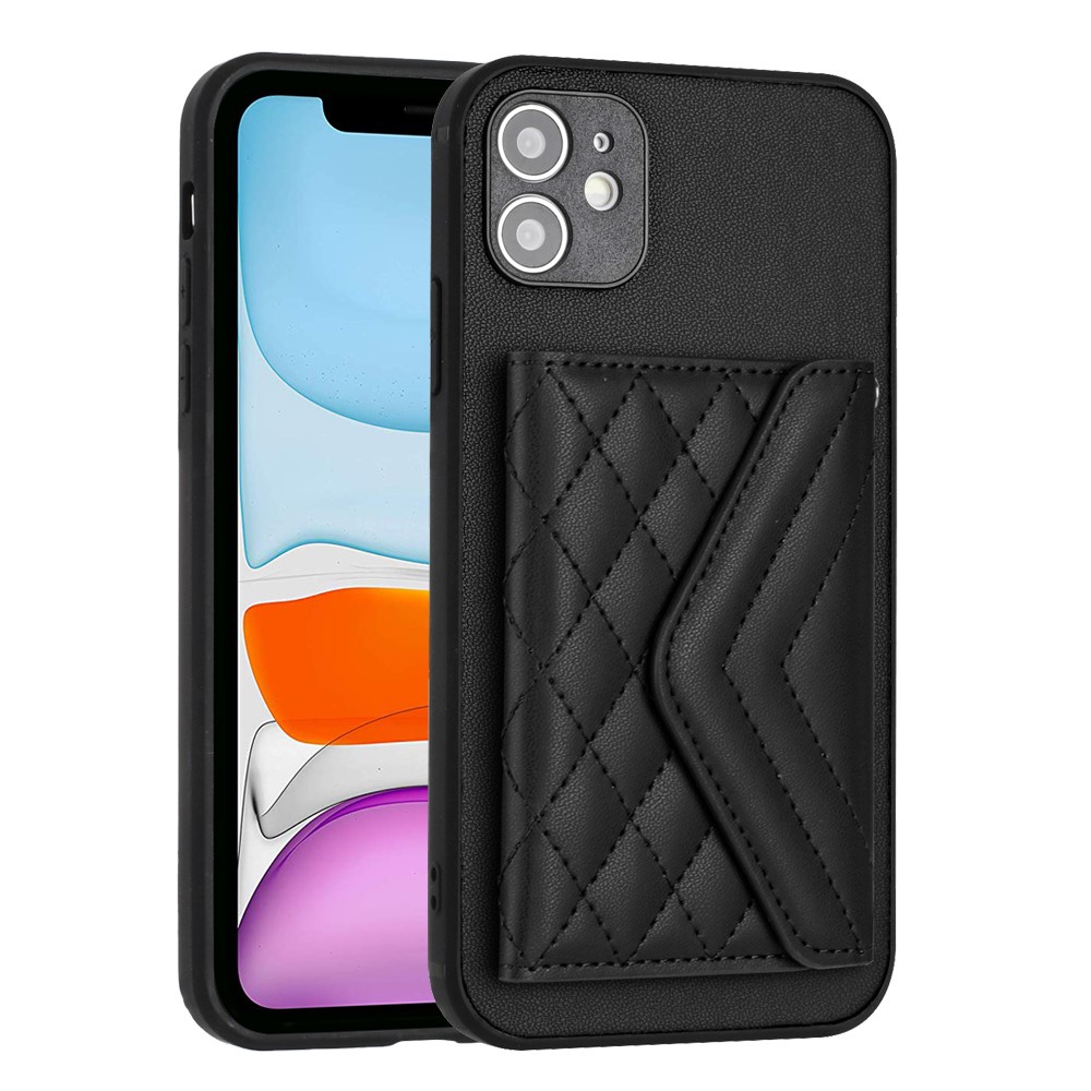 YB Leather Coating Series-8 For iPhone 11 RFID Blocking Phone Case Card Holder Kickstand Cover - Black