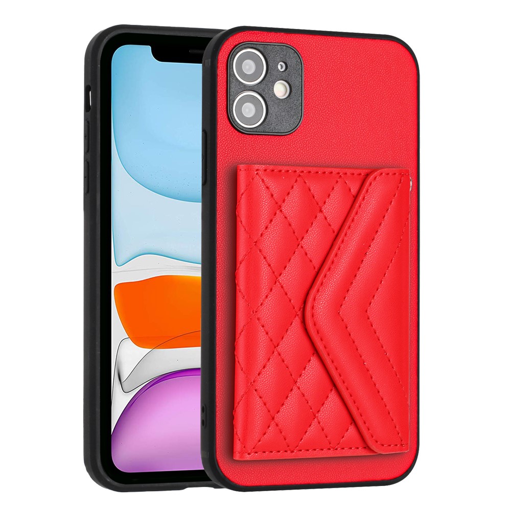 YB Leather Coating Series-8 For iPhone 11 RFID Blocking Phone Case Card Holder Kickstand Cover - Red