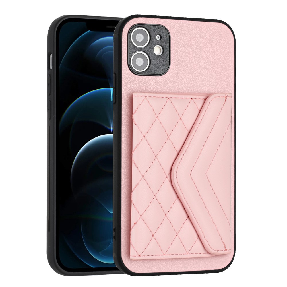 YB Leather Coating Series-8 For iPhone 12 6.1 inch Cell Phone Case RFID Blocking Card Slots Back Cover - Pink