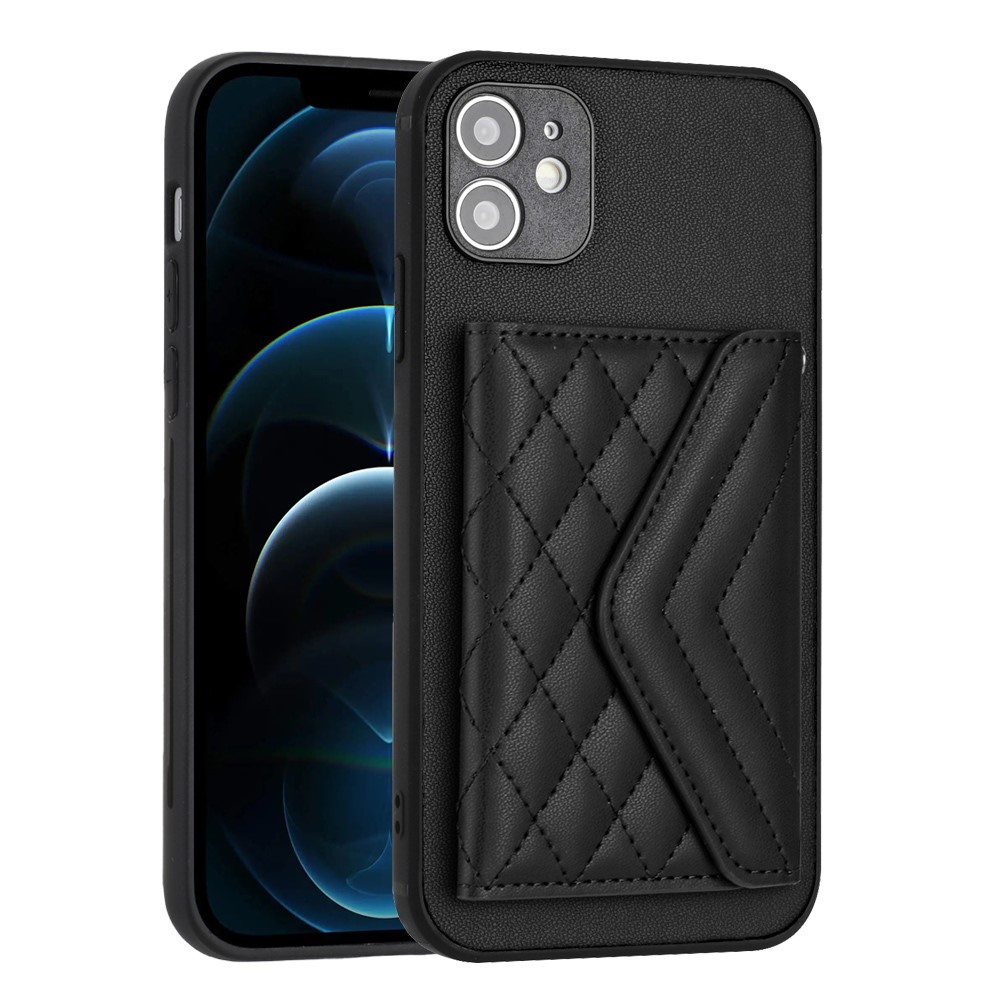 YB Leather Coating Series-8 For iPhone 12 6.1 inch Cell Phone Case RFID Blocking Card Slots Back Cover - Black