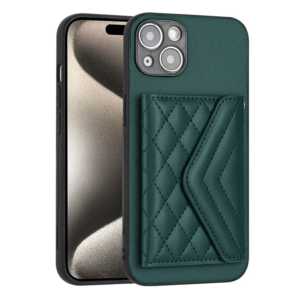 YB Leather Coating Series-8 For iPhone 15 Plus RFID Blocking Cover Kickstand Card Holder Phone Case - Green