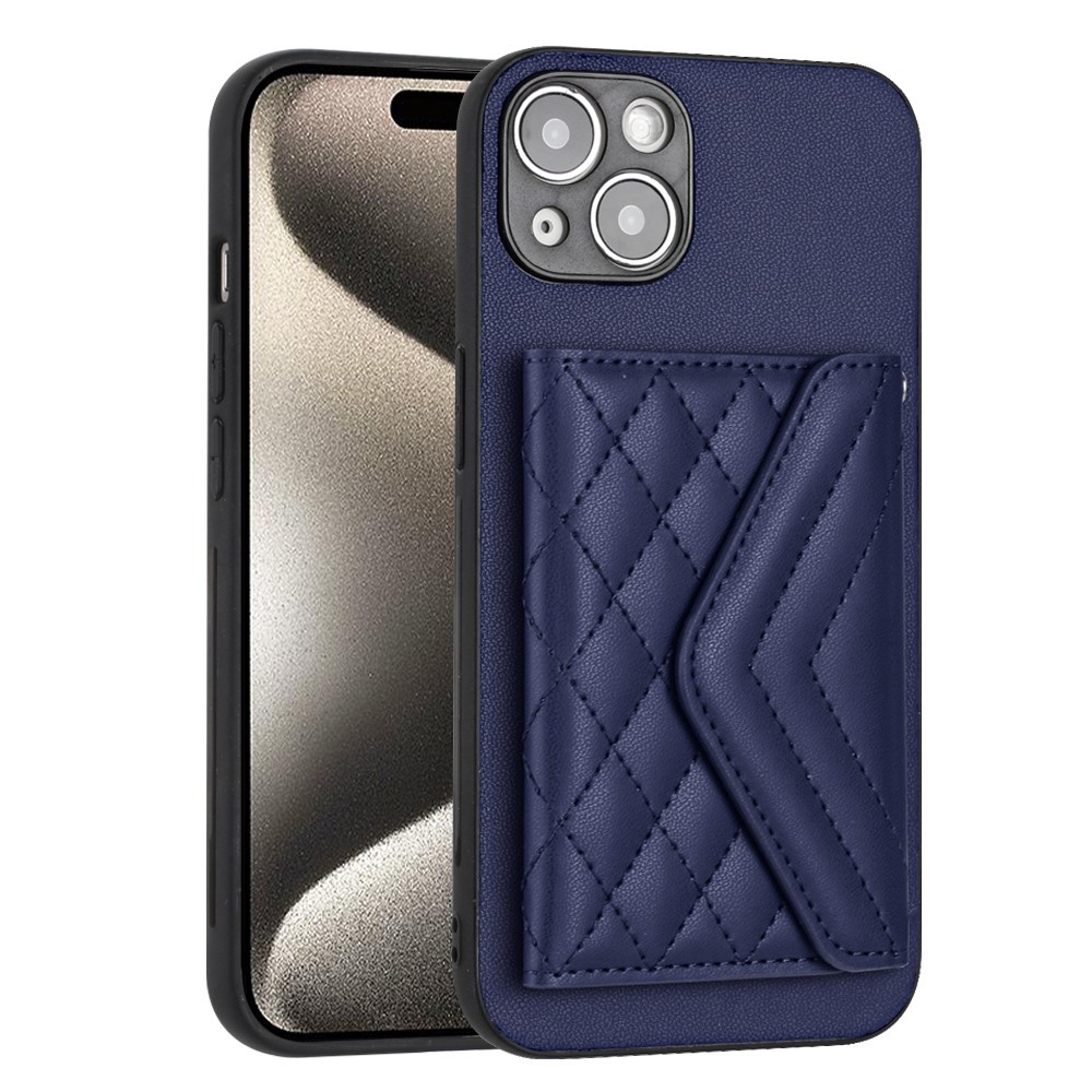 YB Leather Coating Series-8 For iPhone 15 Plus RFID Blocking Cover Kickstand Card Holder Phone Case - Sapphire