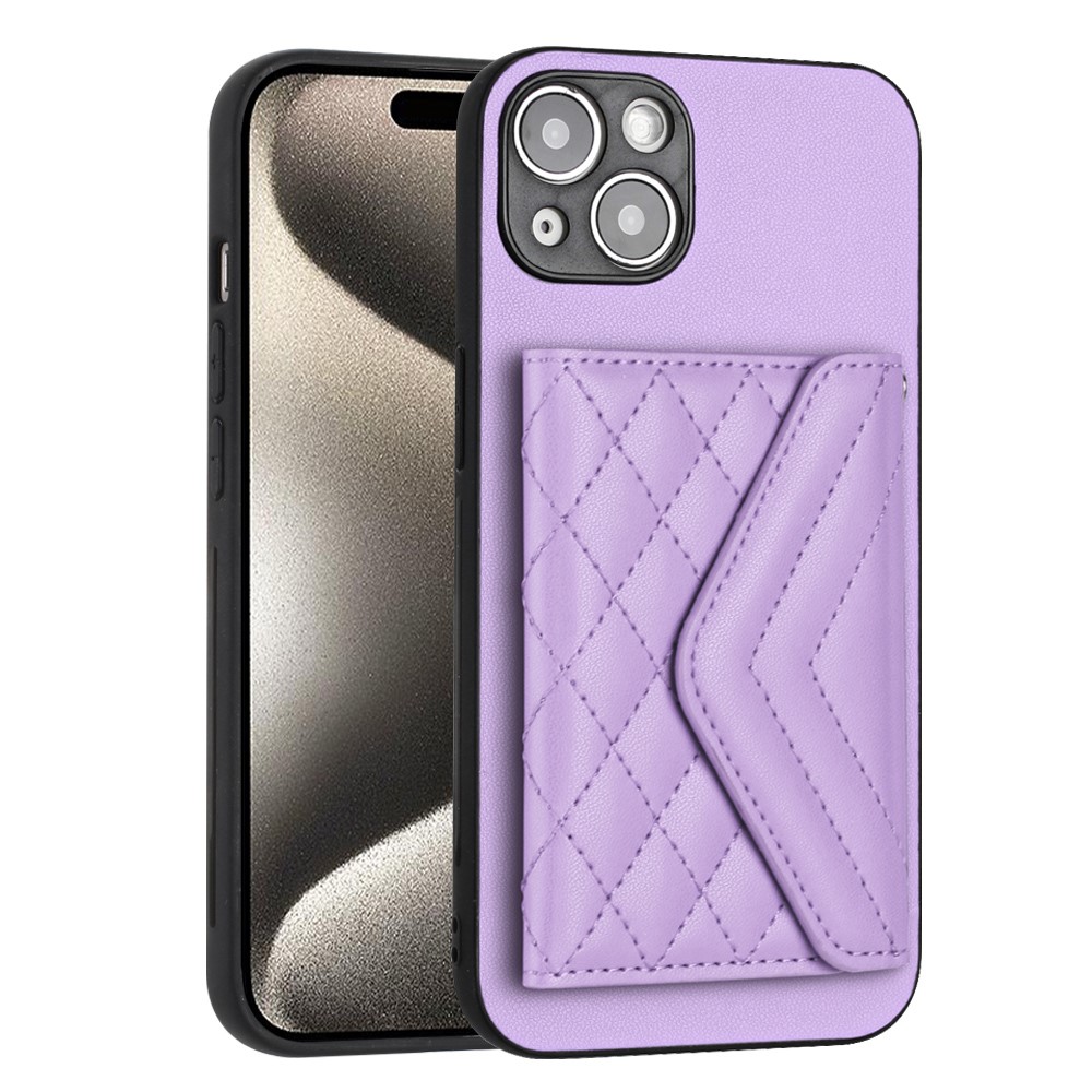YB Leather Coating Series-8 For iPhone 15 Plus RFID Blocking Cover Kickstand Card Holder Phone Case - Purple
