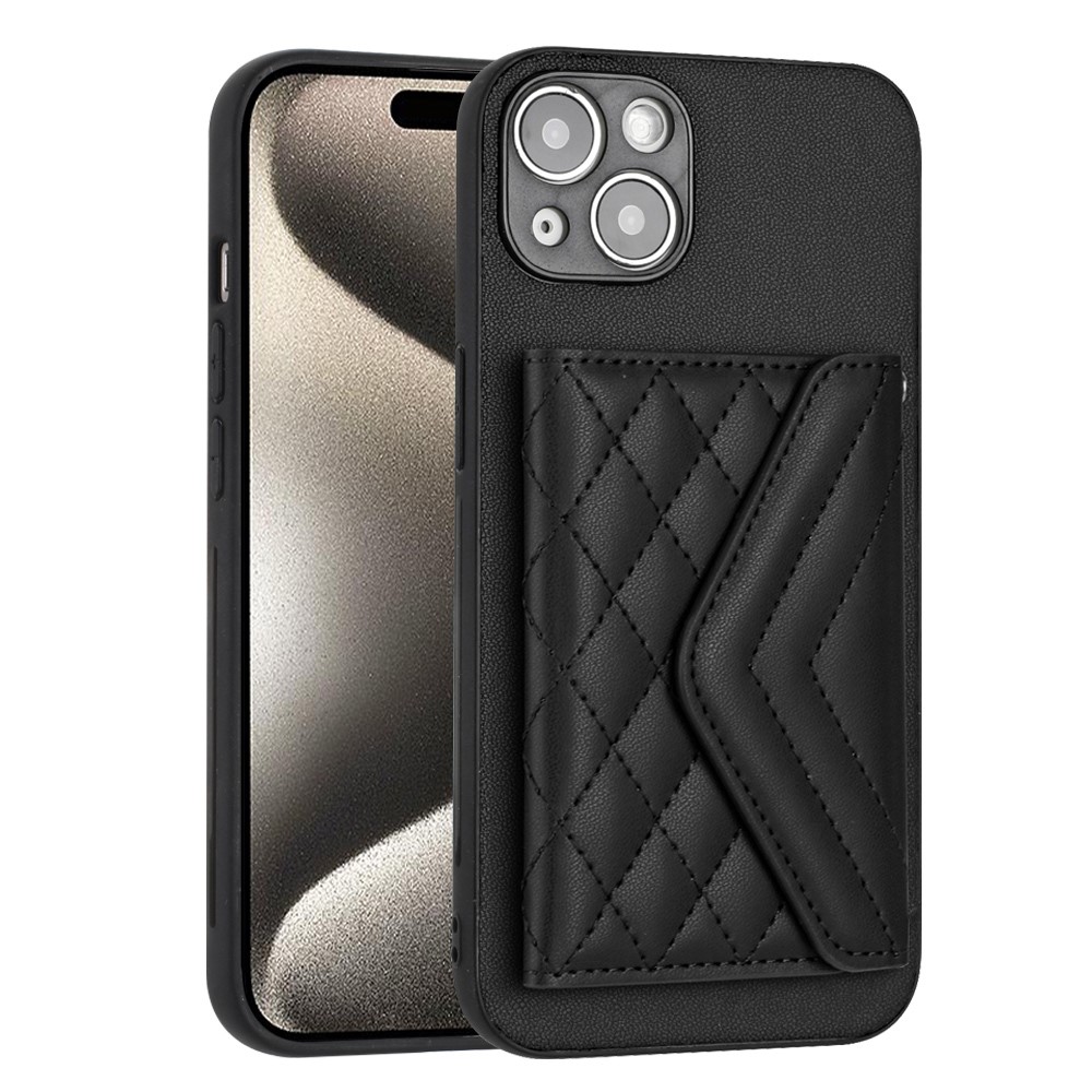 YB Leather Coating Series-8 For iPhone 15 Plus RFID Blocking Cover Kickstand Card Holder Phone Case - Black