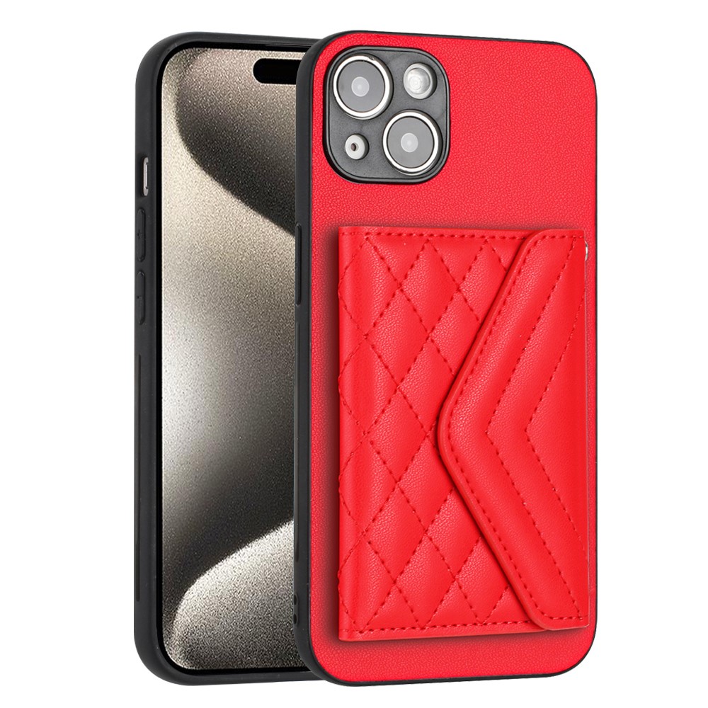 YB Leather Coating Series-8 For iPhone 15 Plus RFID Blocking Cover Kickstand Card Holder Phone Case - Red