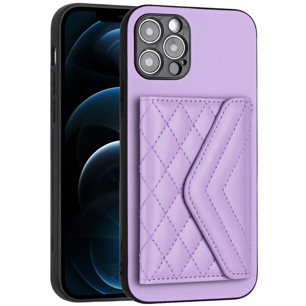 YB Leather Coating Series-8 For iPhone 12 Pro 6.1 inch Case Leather+TPU Phone Back Cover with Card Slots - Purple