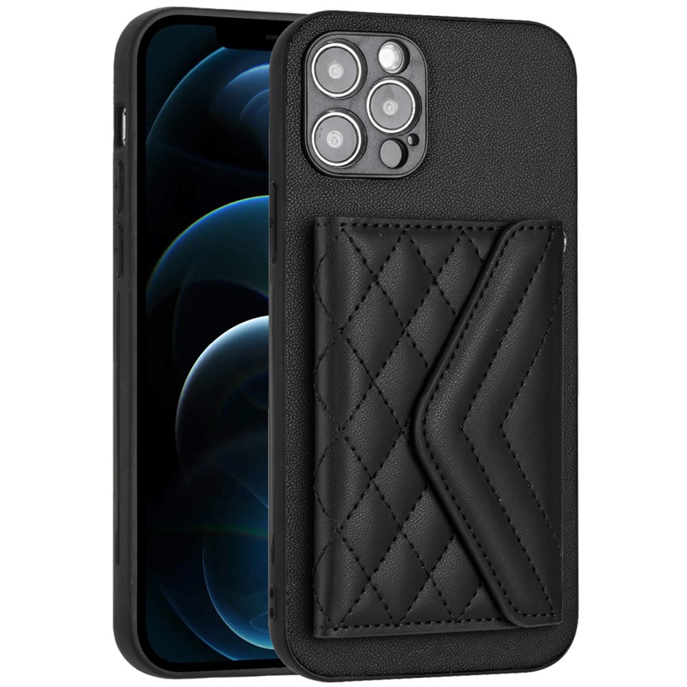 YB Leather Coating Series-8 For iPhone 12 Pro 6.1 inch Case Leather+TPU Phone Back Cover with Card Slots - Black