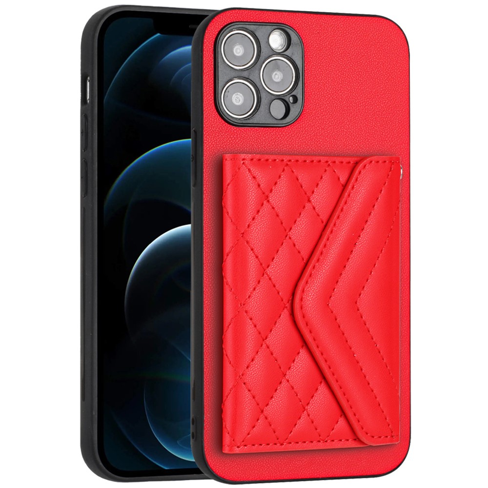 YB Leather Coating Series-8 For iPhone 12 Pro 6.1 inch Case Leather+TPU Phone Back Cover with Card Slots - Red