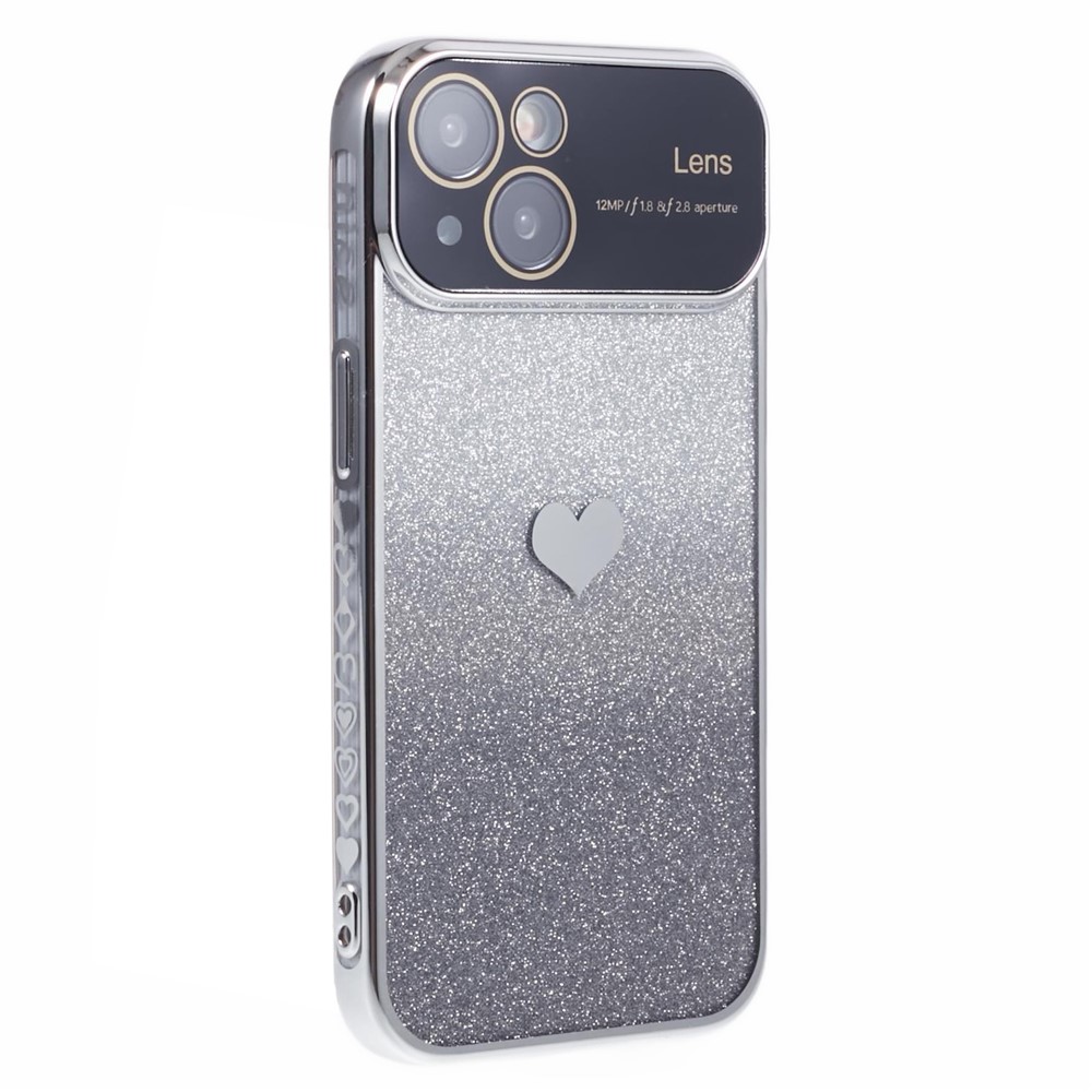 For iPhone 15 Plus TPU Case Glitter Gradient Love Heart Pattern Phone Cover - Silver
