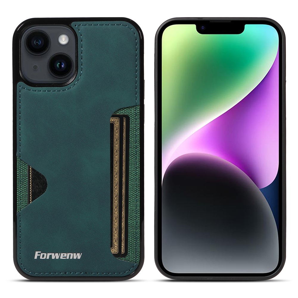 FORWENW F5 Series For iPhone 15 Plus Protective Case Leather+TPU Phone Case with Card Holder - Green