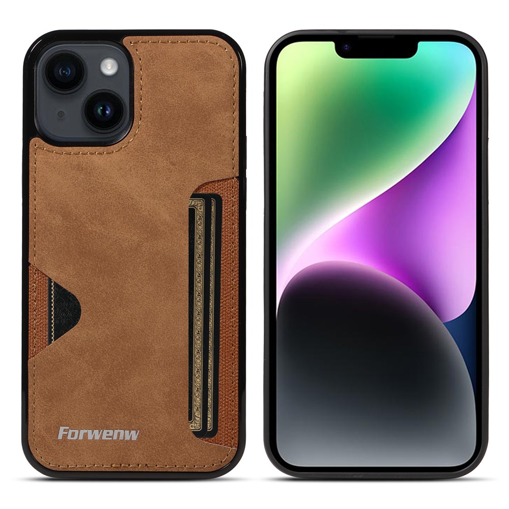 FORWENW F5 Series For iPhone 15 Plus Protective Case Leather+TPU Phone Case with Card Holder - Brown
