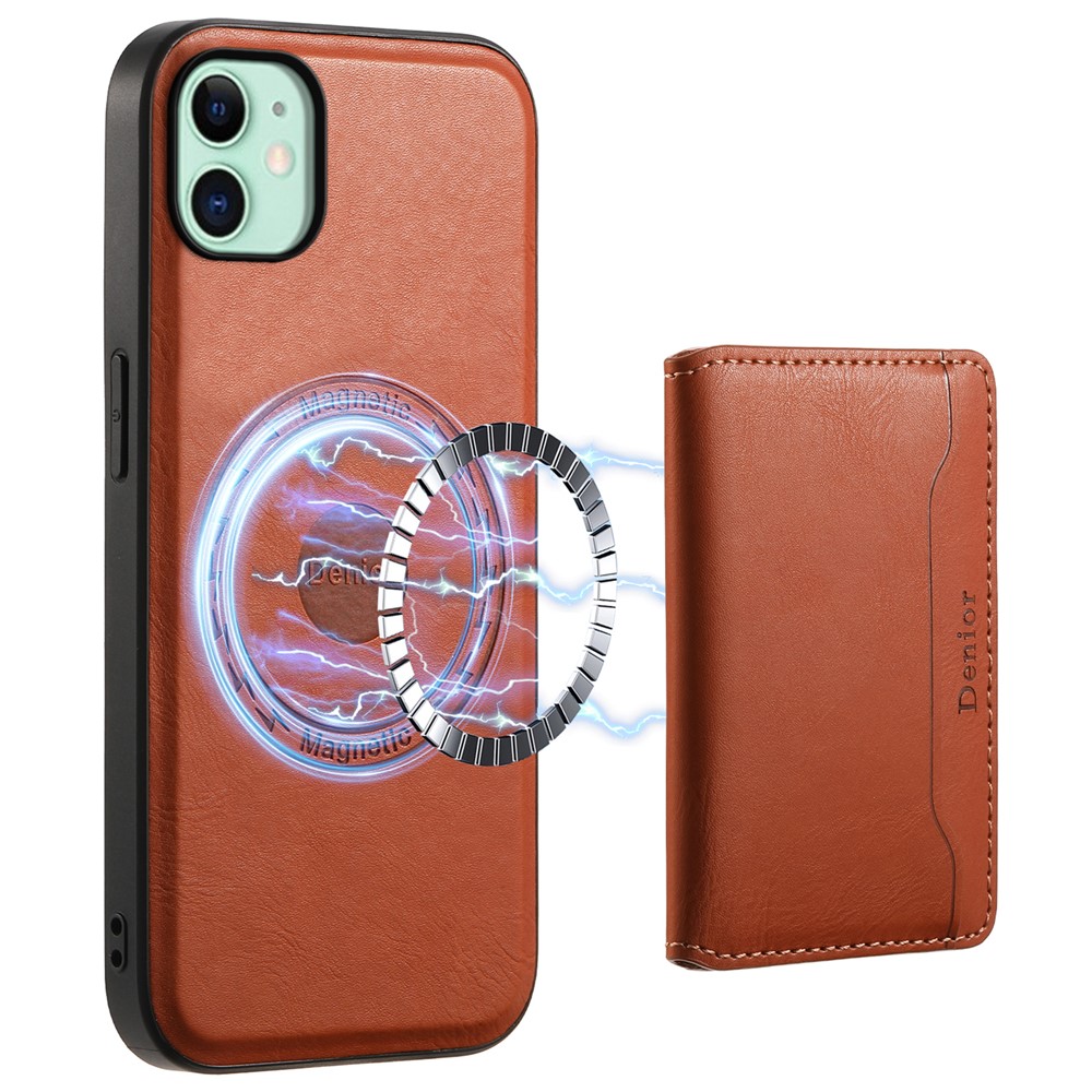 DENIOR For iPhone 11 Magnetic Phone Case Detachable Card Bag Cover Fits Magnetic Car Mount - Brown