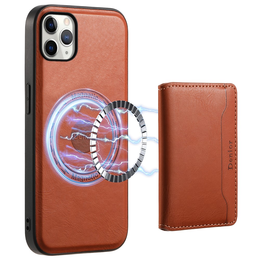 DENIOR For iPhone 11 Pro Max Magnetic Case Cowhide Texture Detachable Card Bag Phone Shell - Brown