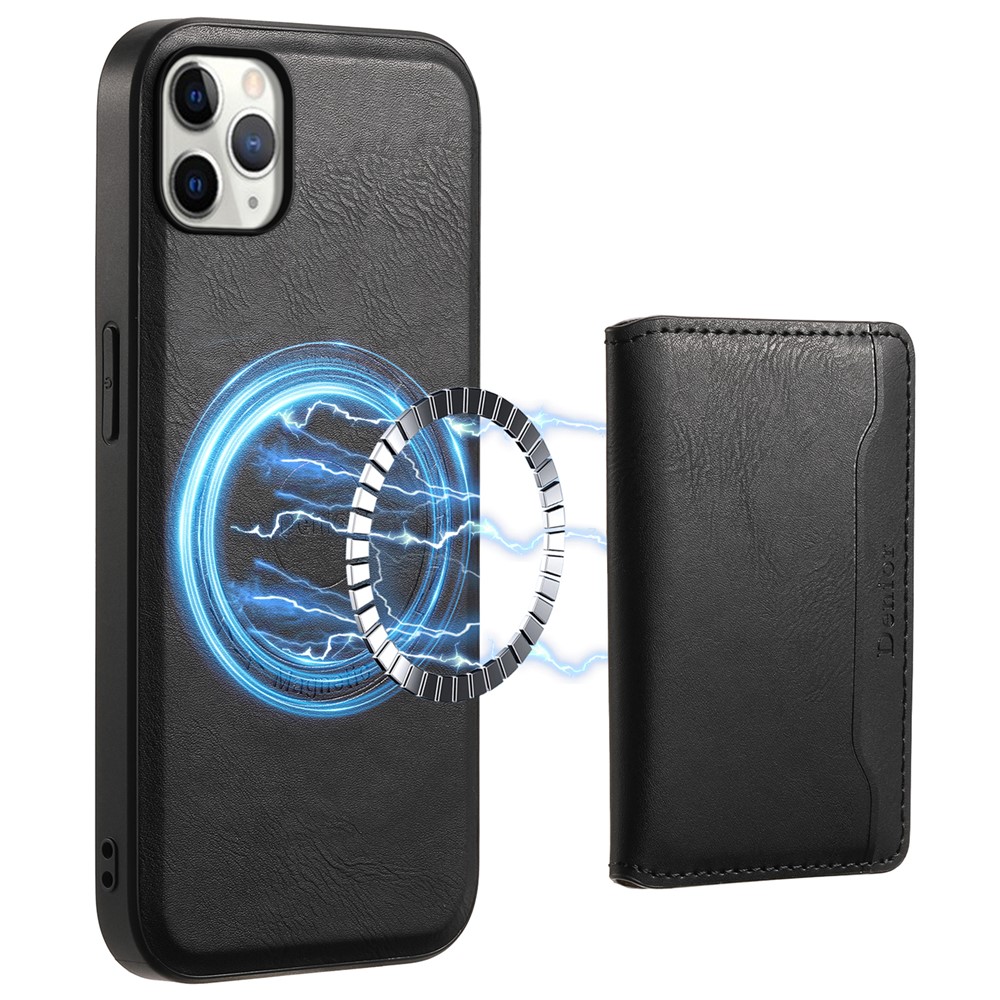 DENIOR For iPhone 11 Pro Max Magnetic Case Cowhide Texture Detachable Card Bag Phone Shell - Black