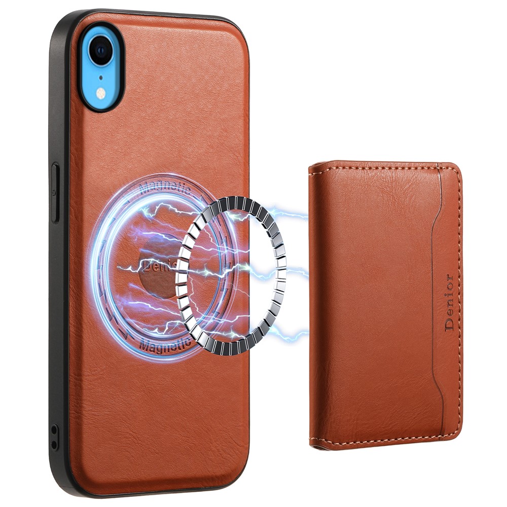 DENIOR For iPhone XR 6.1 inch Case Magnetic PU Leather+PC+TPU Detachable Card Holder Phone Cover - Brown