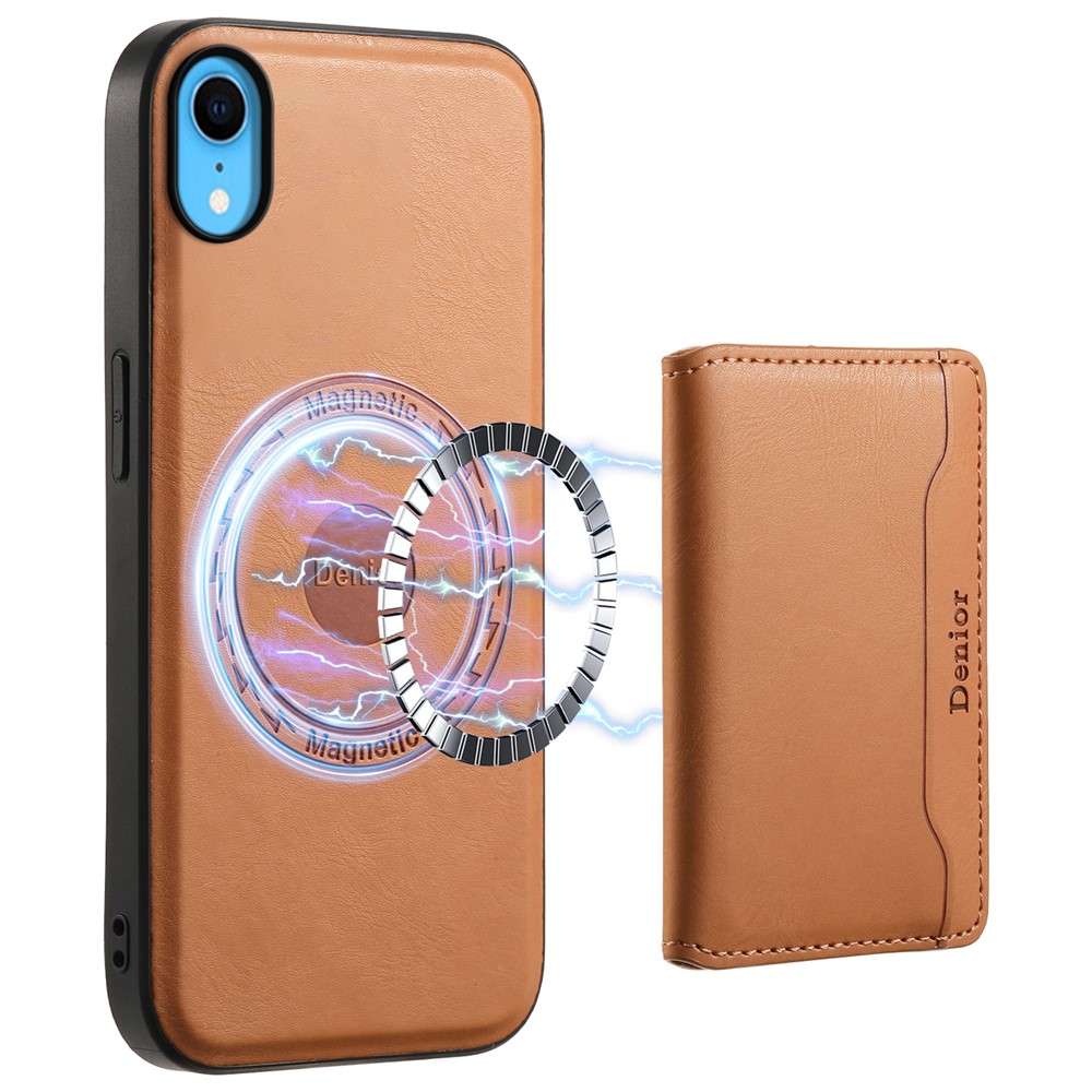 DENIOR For iPhone XR 6.1 inch Case Magnetic PU Leather+PC+TPU Detachable Card Holder Phone Cover - Khaki