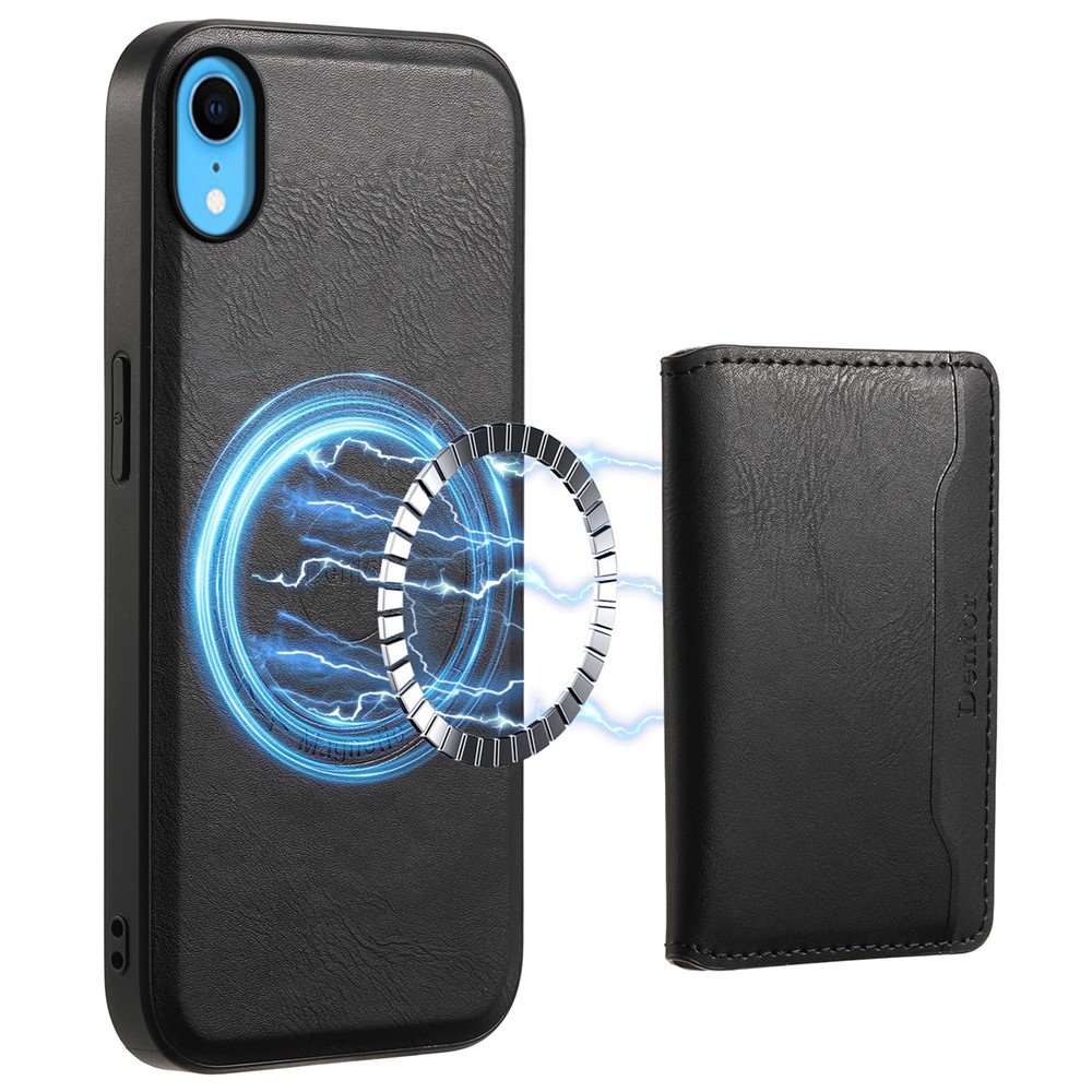 DENIOR For iPhone XR 6.1 inch Case Magnetic PU Leather+PC+TPU Detachable Card Holder Phone Cover - Black